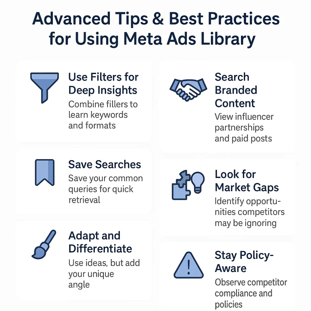 A flowchart details six advanced tips for using the Meta Ads Library: Use Filters, Search Branded Content, Save Searches, Look for Market Gaps, Adapt and Differentiate, and Stay Policy-Aware.