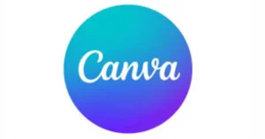 Canva logo with white cursive text on a teal-to-purple gradient circular background.