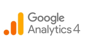 Google Analytics 4 logo with orange bars and gray text on a white background.