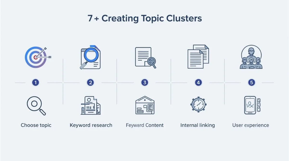 Illustration of 7-step SEO topic cluster strategy shown with icons and flow design, without any visible text.