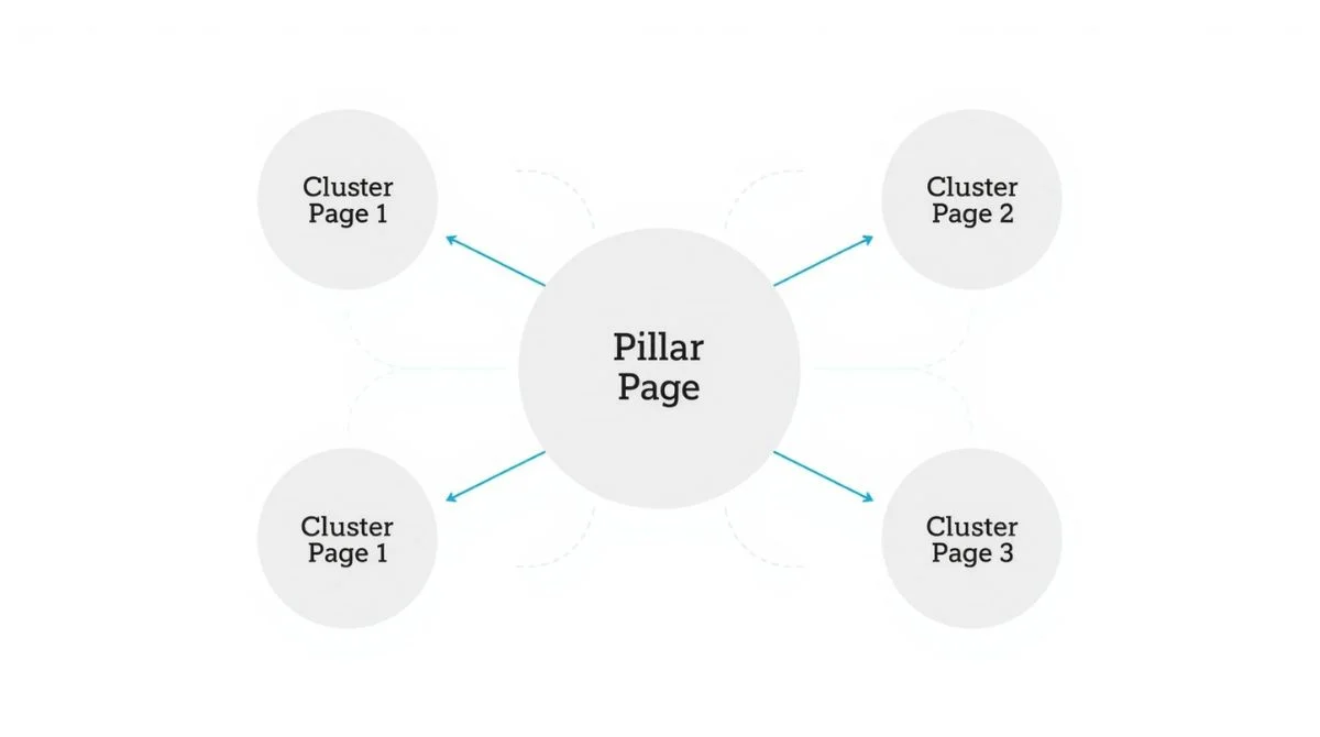 Illustration of a topic cluster with a central pillar page connected to multiple cluster pages using a hub-and-spoke structure.