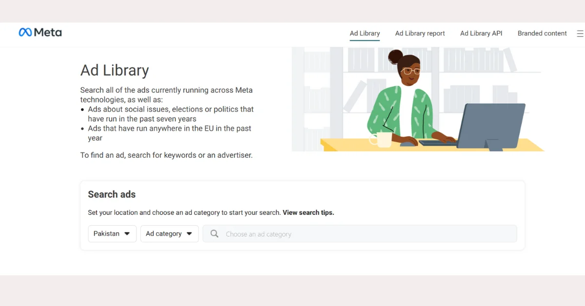 Meta Ads Library page showing search filters and a woman using a laptop illustration.