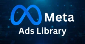 Meta Ads Library logo with blue infinity icon and white text on a dark tech-themed background.
