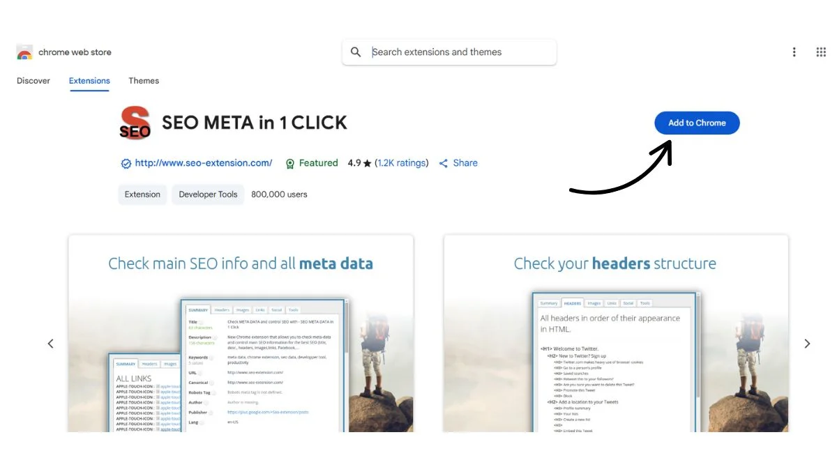 SEO Meta 1 Click Extension adding to chrome