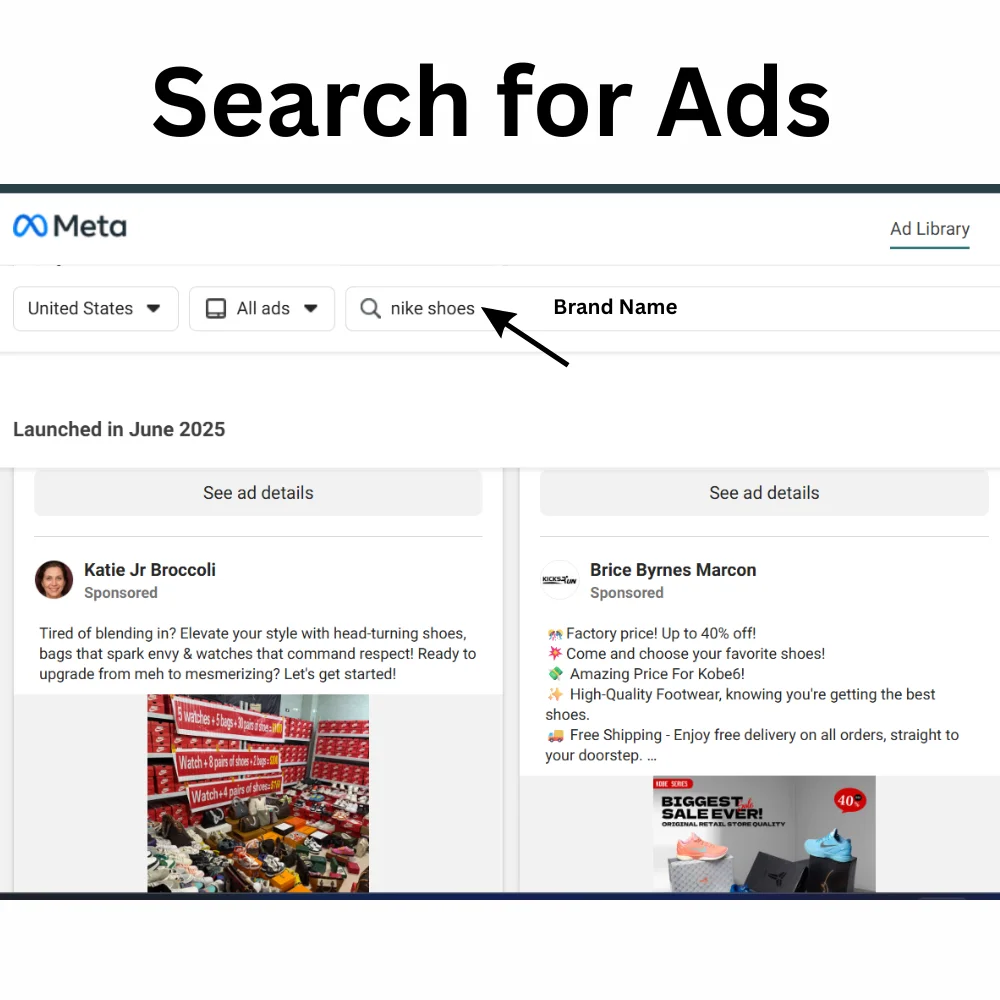 Meta Ad Library shows "nike shoes" search with two sponsored ads.