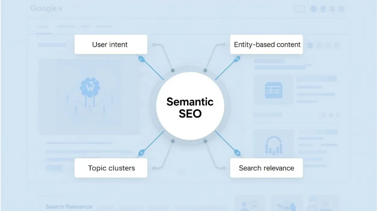 Diagram showing Semantic SEO at the center connected to topic clusters and related SEO elements like user intent and structured data.