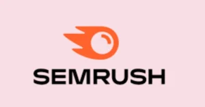 Semrush logo featuring an orange comet icon and bold black text on a light pink background.