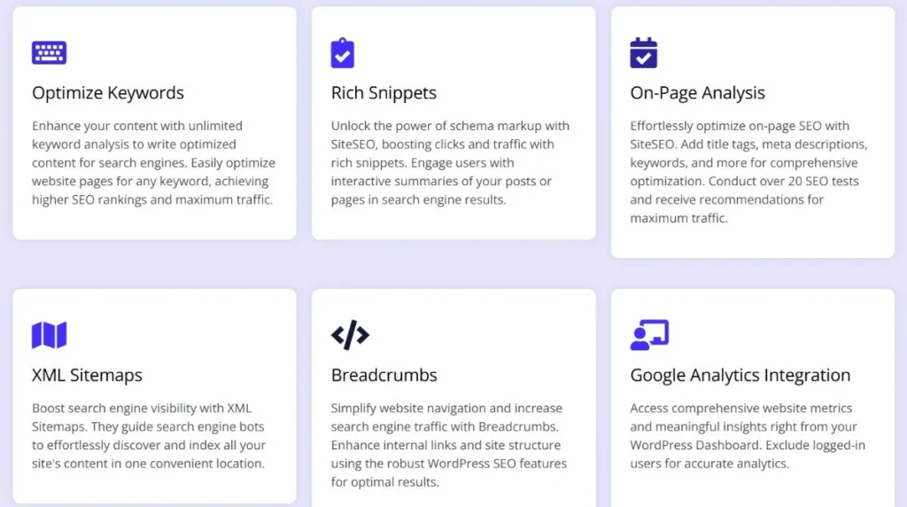 SiteSEO WordPress plugin dashboard highlighting core SEO features and tools.