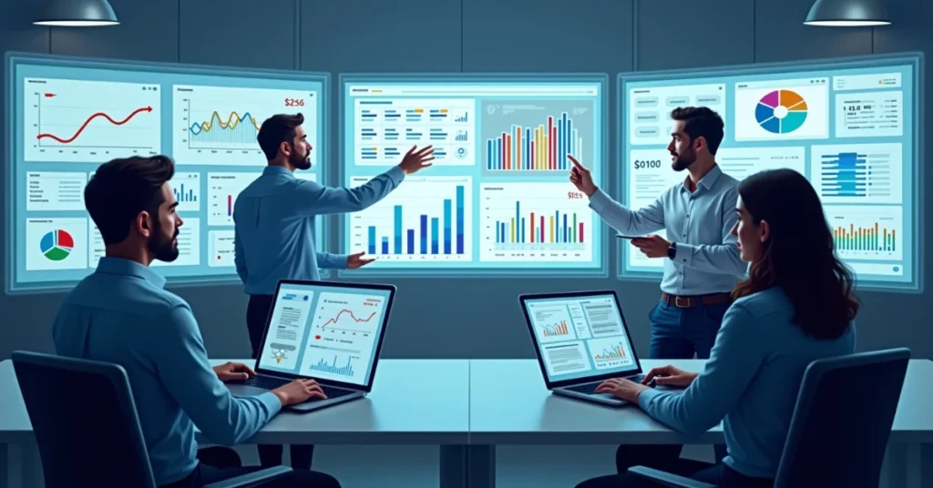 Marketing team analyzing social media metrics on large screens and laptops in a modern office setting.