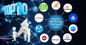 Infographic showing top 10 digital marketing strategist tools for 2025 with tool logos and 3D figures lifting an arrow against a tech-themed background.