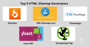 Logos of top 5 HTML sitemap generators Slickplan, XML-Sitemaps.com, Flowmapp, Yoast SEO, and Screaming Frog on a light background.