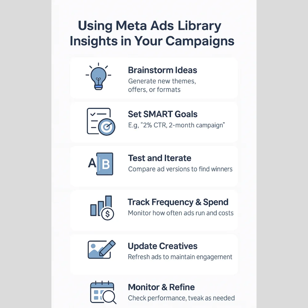 more presize in 1 line A flowchart details six steps for leveraging Meta Ads Library insights in campaigns: Brainstorm, Set SMART Goals, Test, Track, Update Creatives, and Monitor.