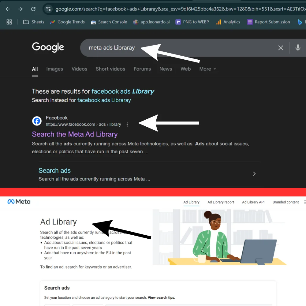 Google search for "meta ads Library" and highlighted Meta Ad Library homepage.
