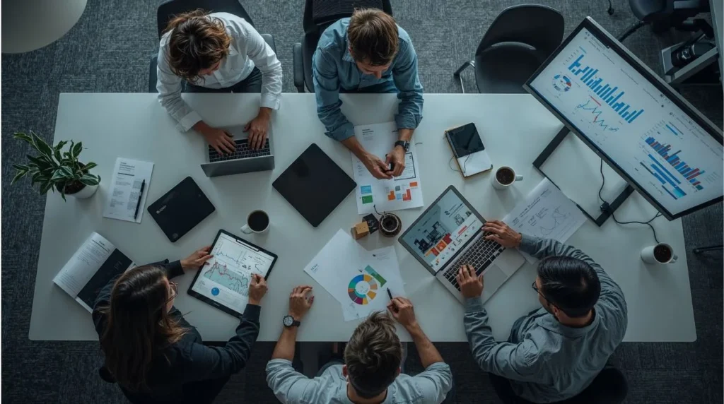 Digital marketing strategist working with a creative team in an office.