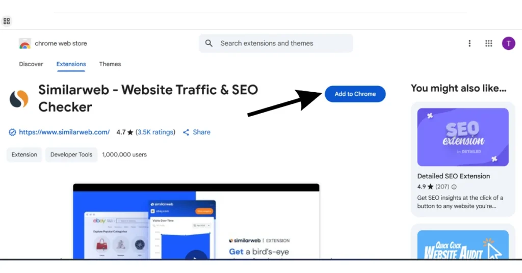 Chrome Web Store: "Similarweb" extension page with "Add to Chrome" button highlighted.