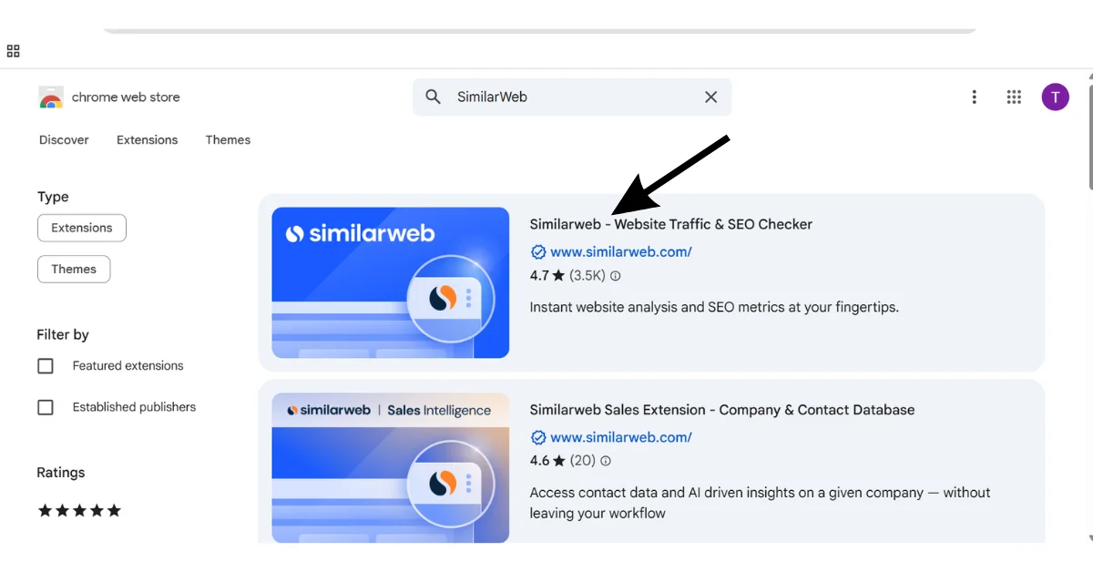 A screenshot of the Chrome Web Store shows "Similarweb - Website Traffic & SEO Checker" as the top search result, indicated by a black arrow.