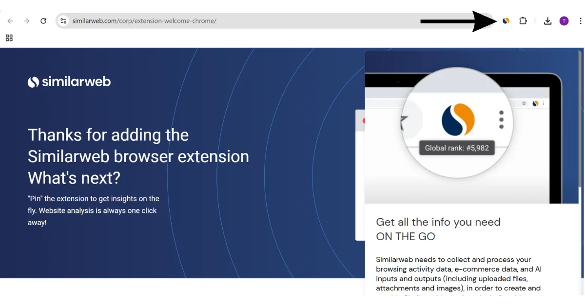 Similarweb welcome page after Chrome extension install, arrow points to extensions icon.