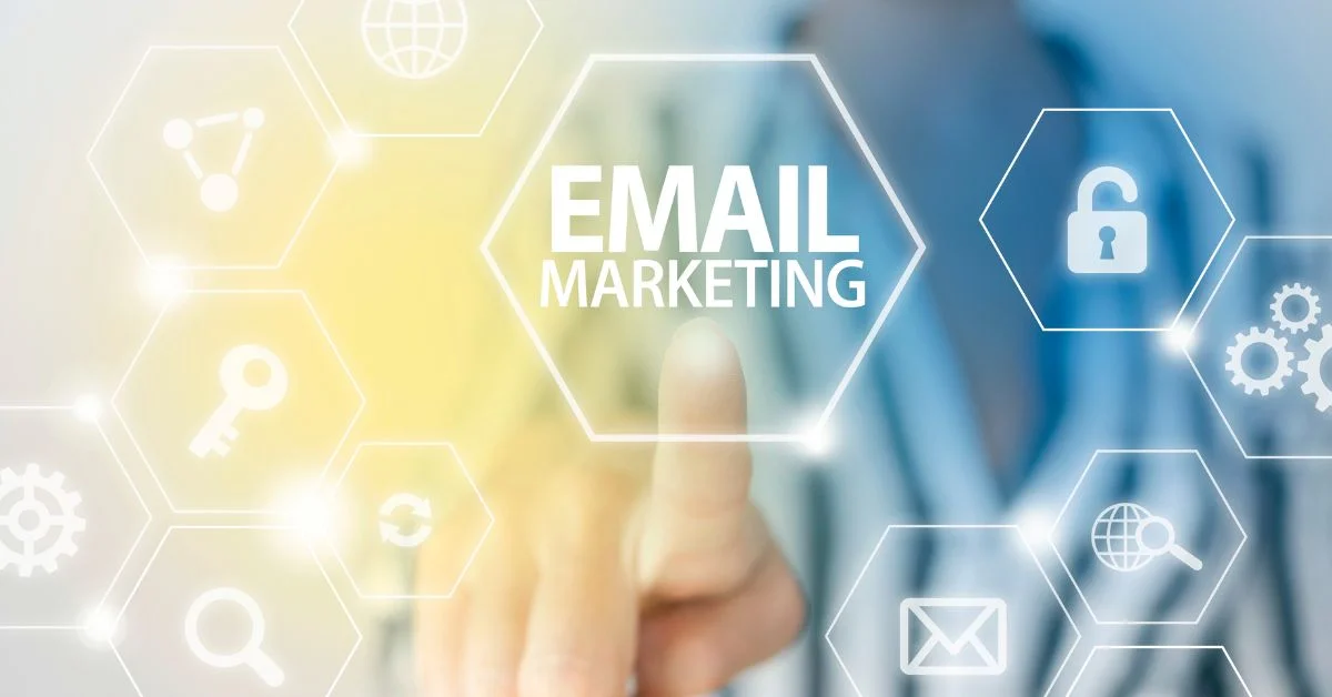 A person pointing at email marketing icons.
