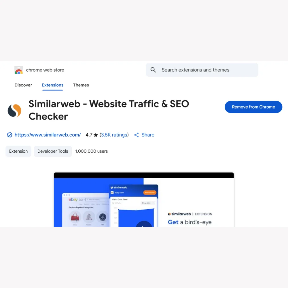 Chrome Web Store listing for the Similarweb SEO Checker extension with 4.7 stars and 1M+ users.