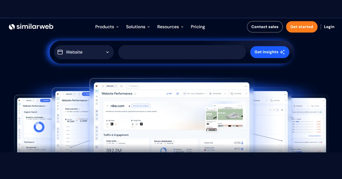 Similarweb dashboard displaying website performance metrics for nike.com with a search bar and navigation menu.