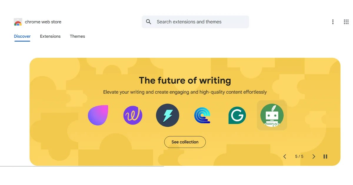Chrome Web Store banner titled "The future of writing" with writing tool icons and a "See collection" button.